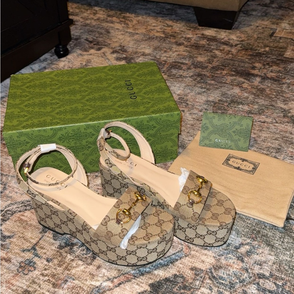 Gucci Women's Monogram Beige Platform Heels